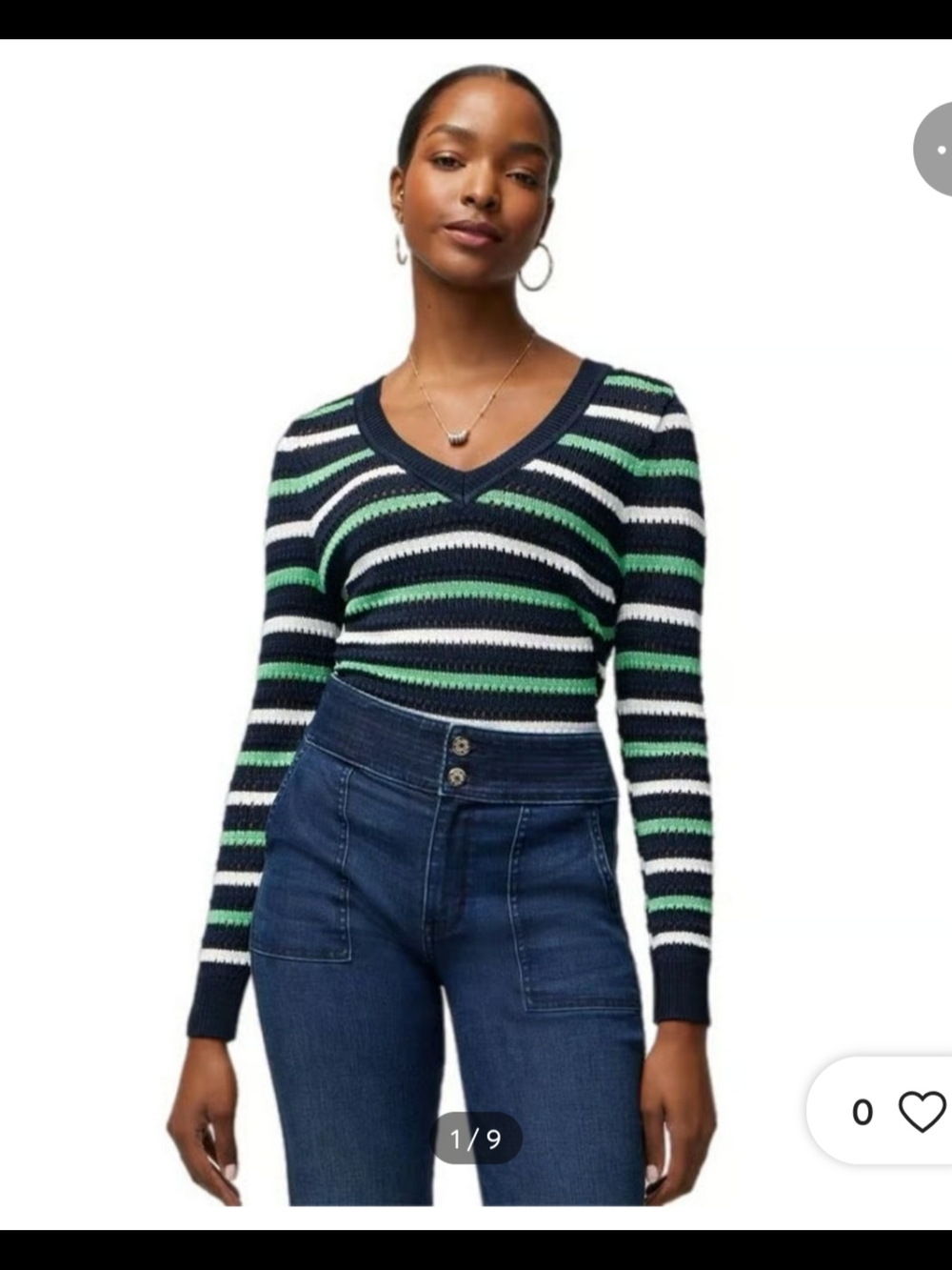 White House Black Market Navy, Green & White Striped V-Neck Sweater
